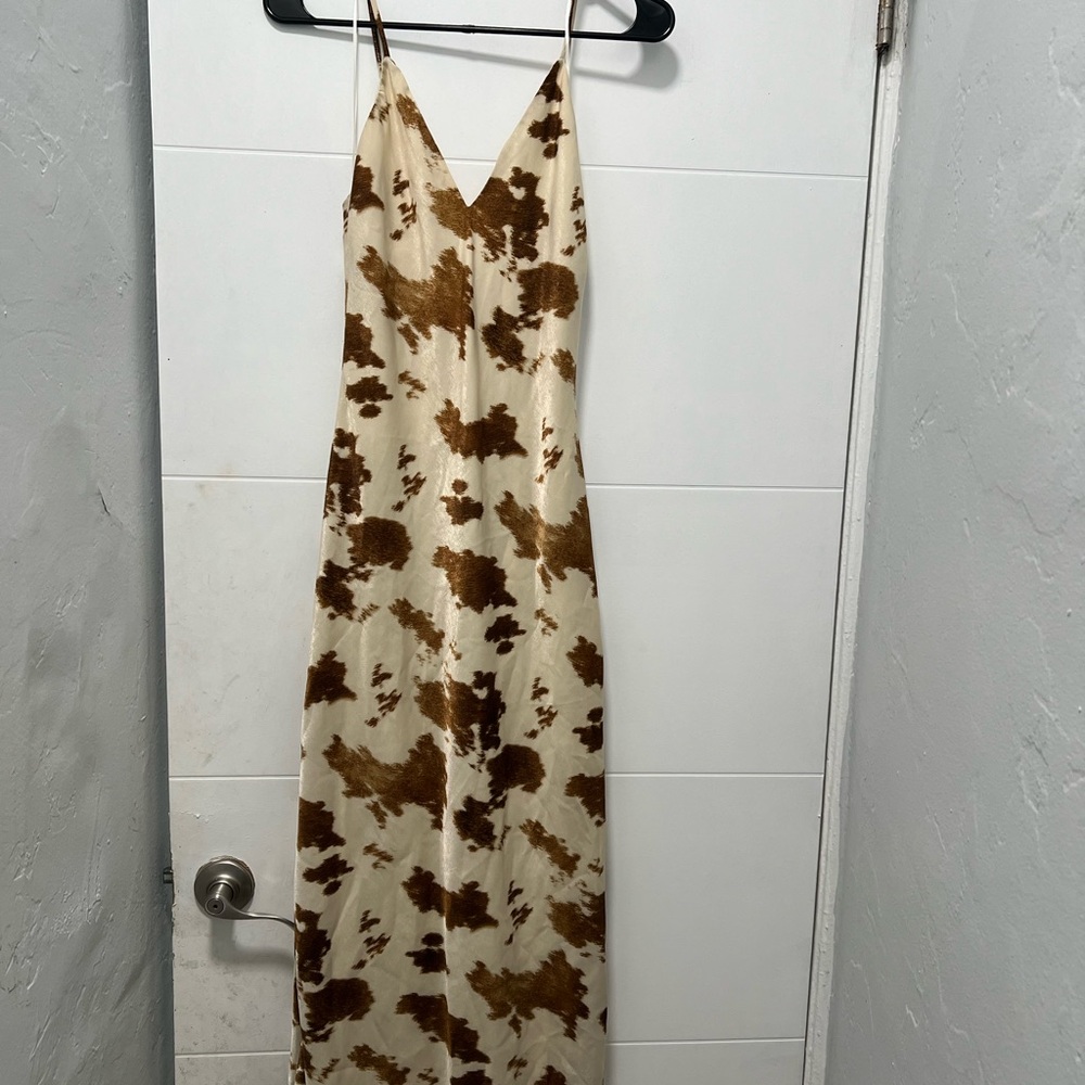Zara Cream and Brown Printed Satin Silky Maxi Dress NWT Size S